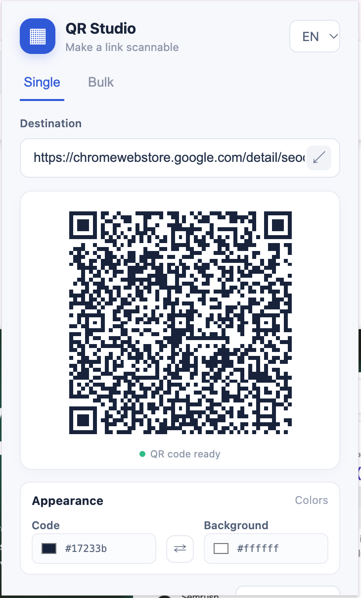 QR Studio extension preview showing a generated QR code and color controls